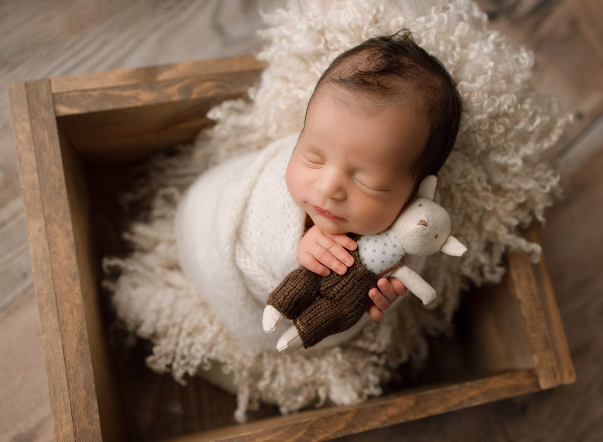 newborn baby boy wrapped in ivory knit holding toy mouse
