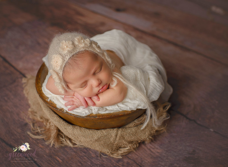 South Florida Newborn Photographer wooden bowl organic texture bonnet 