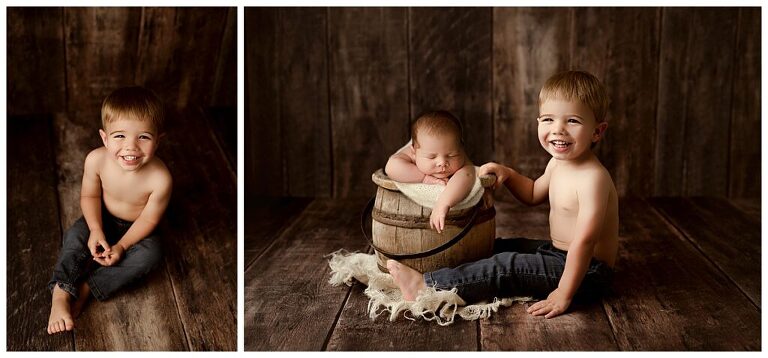 Newborn Baby boy in a bucket and his big brother