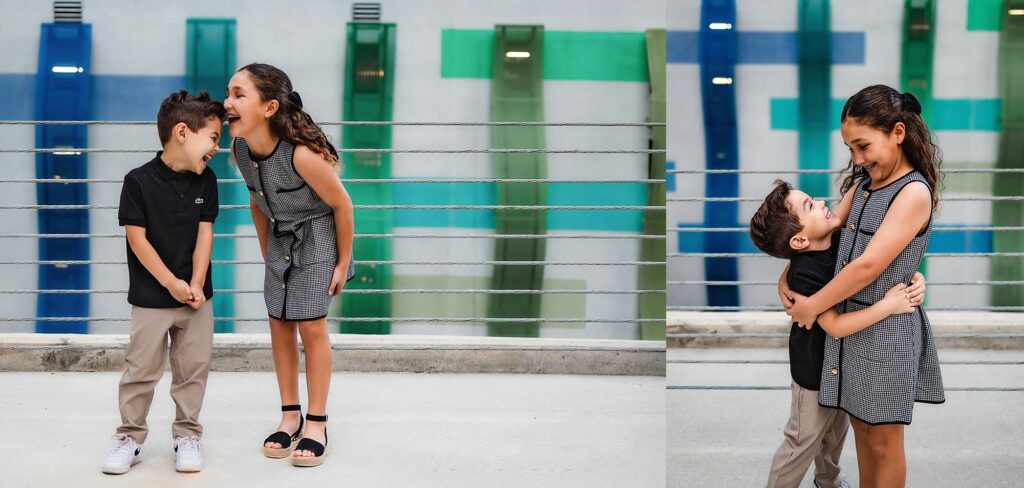 siblings laughing in front of wave wall, Fort Lauderdale Family Photographer