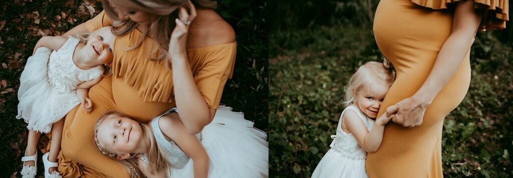 mom in a golden maternity gown with her two daughters in a forest setting in Fort Lauderdale