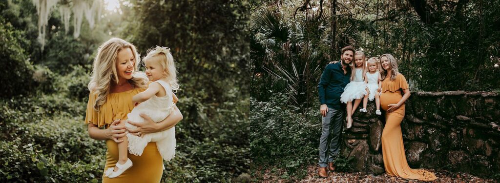 outdoor family maternity photos in Fort Lauderdale with Spanish moss trees