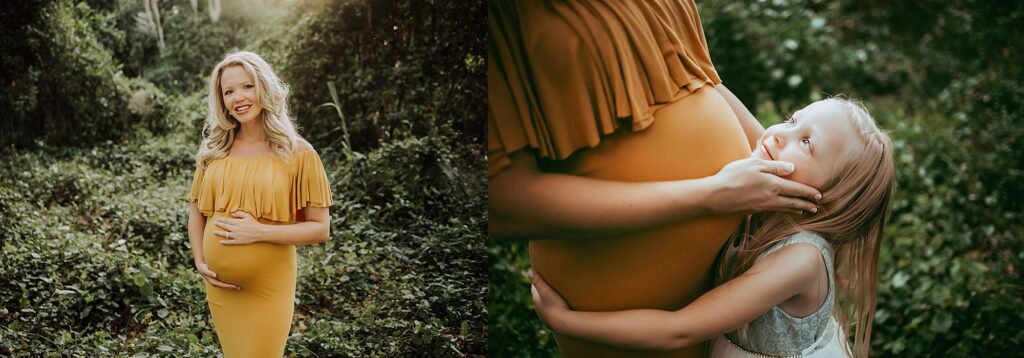 maternity photo of mom and older daughter hugging her belly in a Fort Lauderdale outdoor location