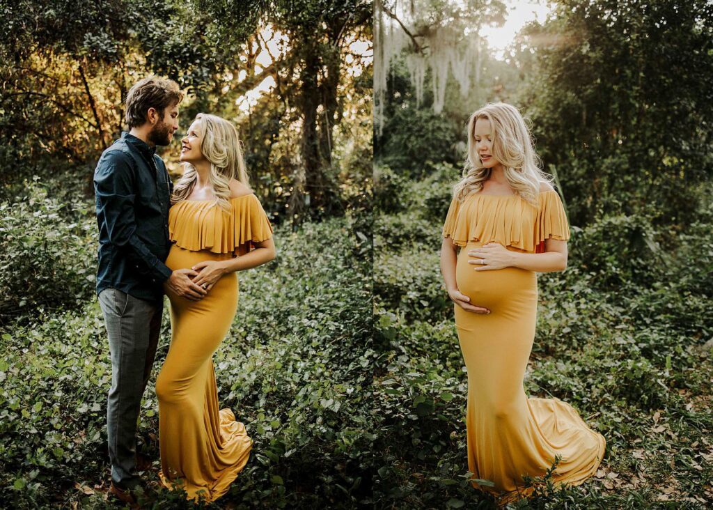 husband and wife looking lovingly at each other in lush forest setting